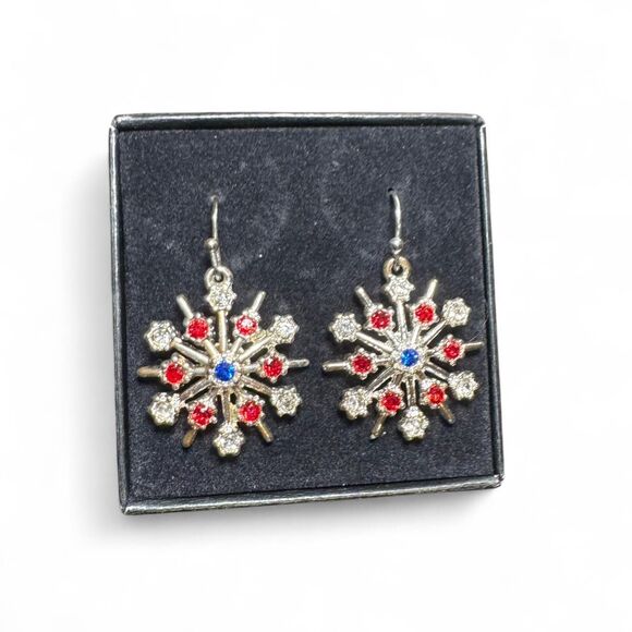 Snowflake Drop Earrings Red White Blue Rhinestone Holiday Dangle Earrings Gift - Picture 1 of 5